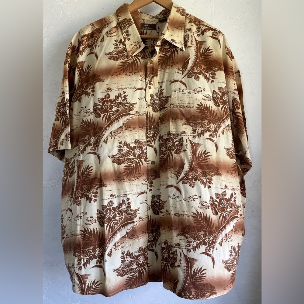 Cafe Luna Shirt Men's 3XL Short Sleeve Button Up 100% Cotton Sword Fish Hawaiian